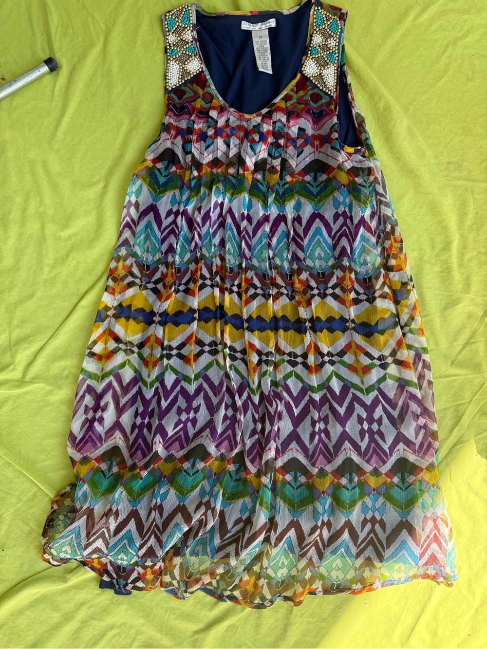 Alberto Makali Multicolor Geometric Beaded Neckline Mini Dress